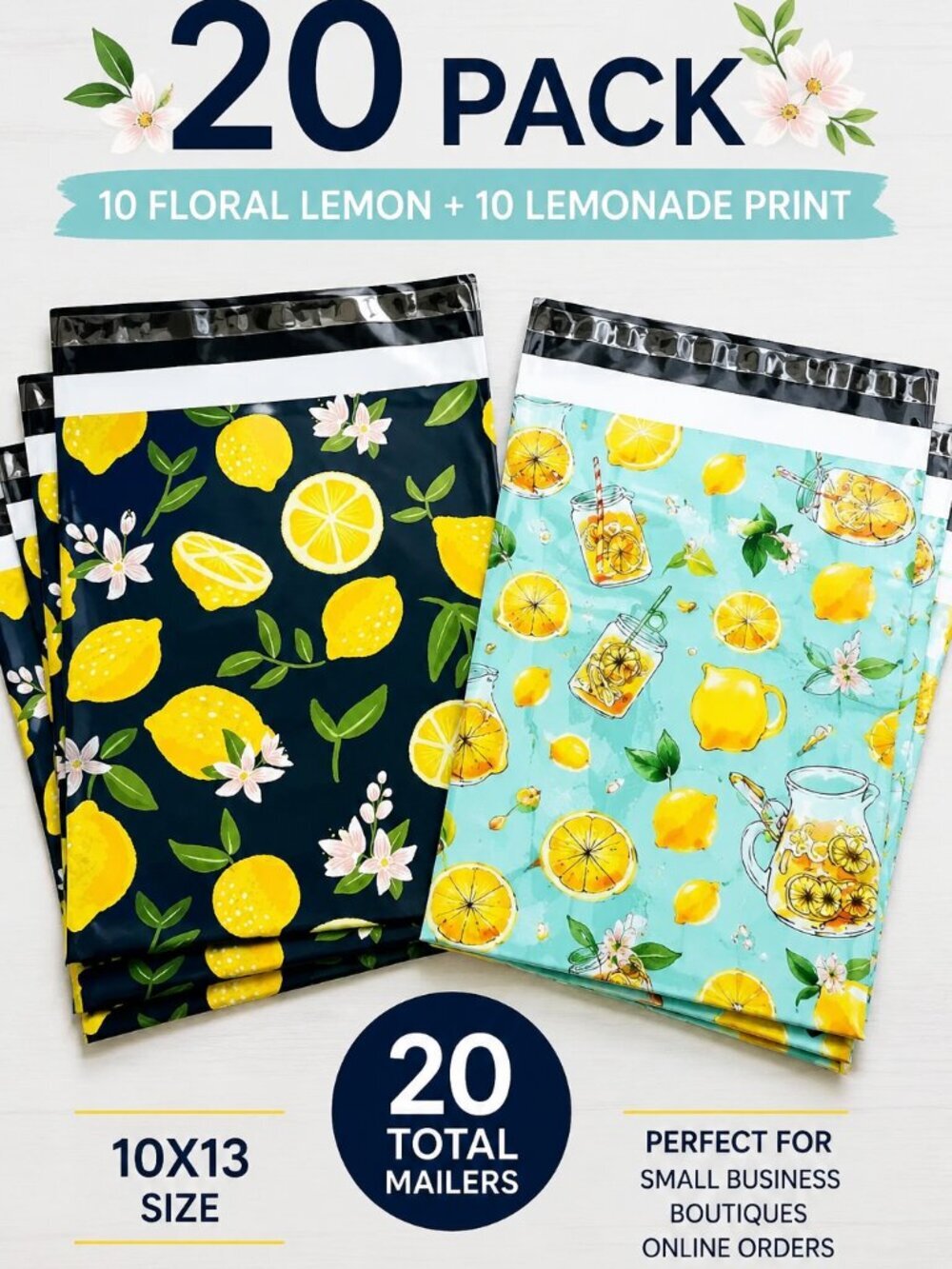 20 Pack 10x13 Lemon Poly Mailers | 10 Floral Lemon + 10 Lemonade Print